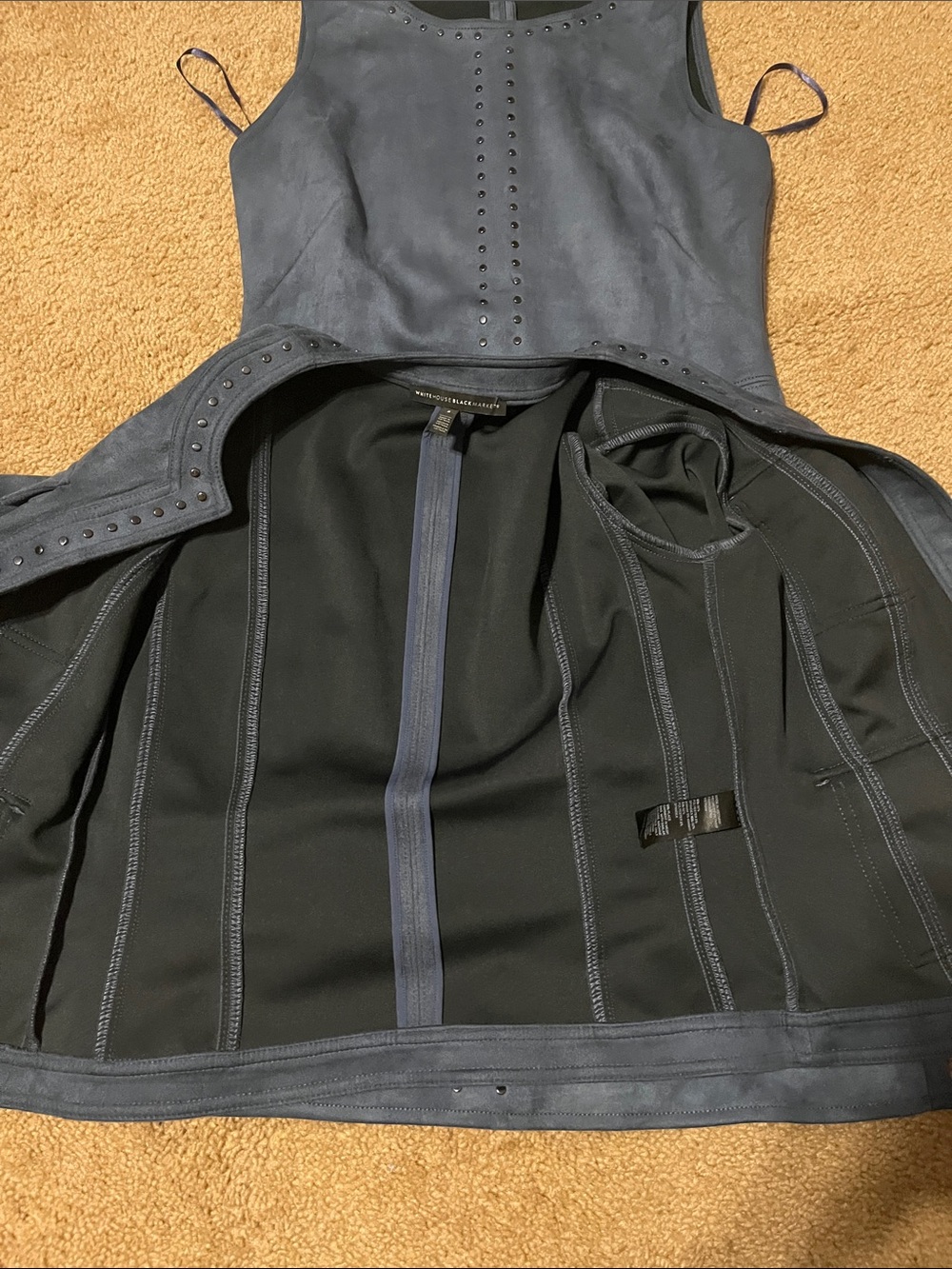White House Black Market Navy Suede-Look Stud Trim Jacket & Dress Set - Picture 8 of 9